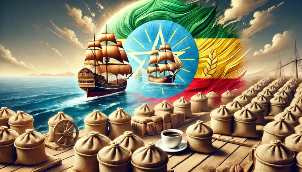 A symbolic depiction of Ethiopian coffee’s trade routes across the Red Sea, with coffee sacks stacked by the shore and sailing ships in the distance. A realistic portrayal of its historical spread.