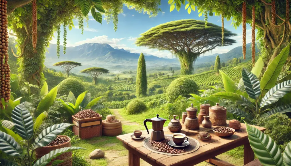 A landscape symbolizing Ethiopia's natural beauty and coffee culture