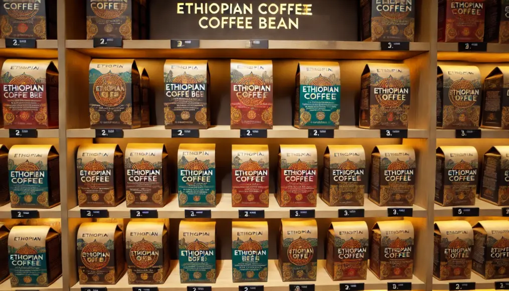 Shelves featuring Ethiopian coffee bean packages