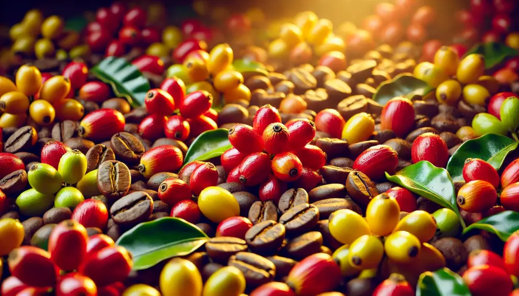 A close-up of Ethiopian coffee beans emitting fruity aromas. Freshly harvested beans are beautifully arranged under natural light, realistically depicted.