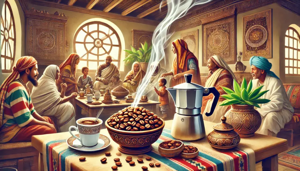 A traditional Ethiopian coffee ceremony taking place at home. Freshly roasted beans and brewing tools are set on a table, with steam rising as family members gather. A realistic depiction of this cultural event.