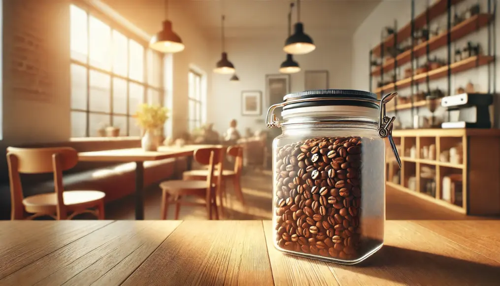 A photo showcasing Ethiopian coffee beans in a transparent container placed on a bright wooden table.