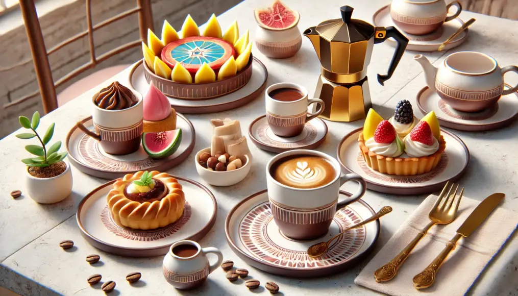 A tea-time set featuring Ethiopian coffee and fruit tarts. Stylish cups and vibrant desserts are beautifully displayed in a realistic setting.