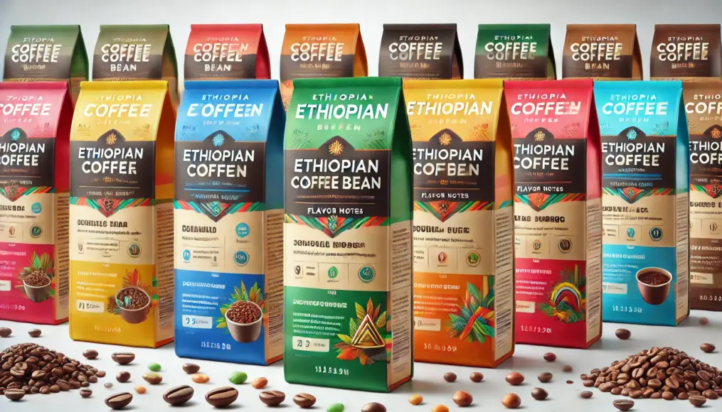 Ethiopian coffee bean packages with detailed flavor notes. Colorful bags are neatly arranged, each labeled with specific flavor descriptions in a realistic setting.