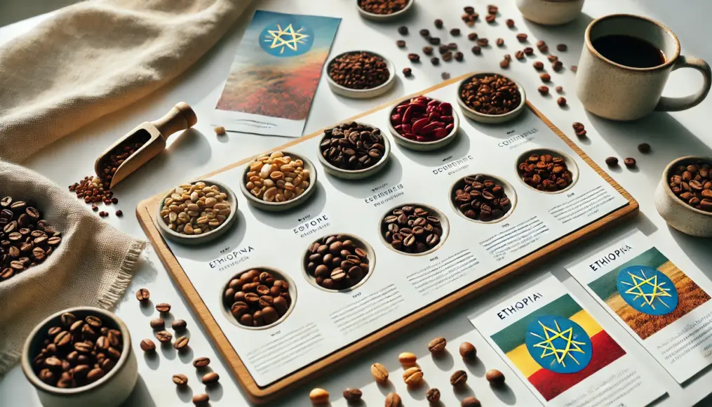 A coffee tasting set featuring beans from various Ethiopian regions. Small plates with beans and description cards are neatly arranged in a realistic setting.