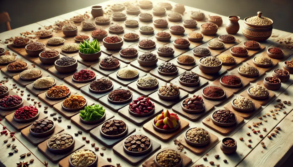 A table displaying different Ethiopian coffee varieties, with beans sorted on small plates. Each variety is distinctly showcased in a realistic setting.