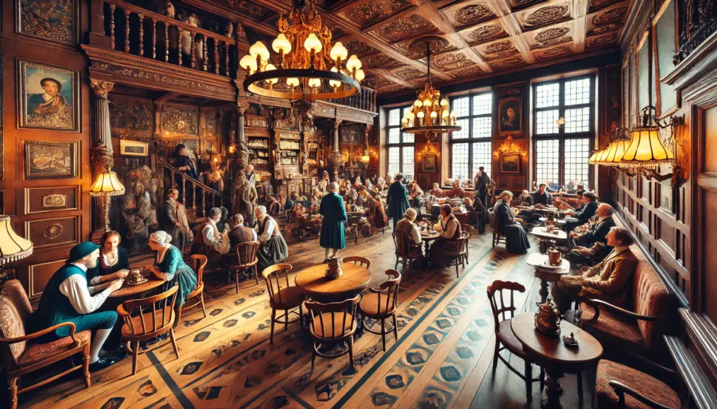 The interior of a bustling European coffeehouse, featuring 17th-century decor and lively interactions among patrons.