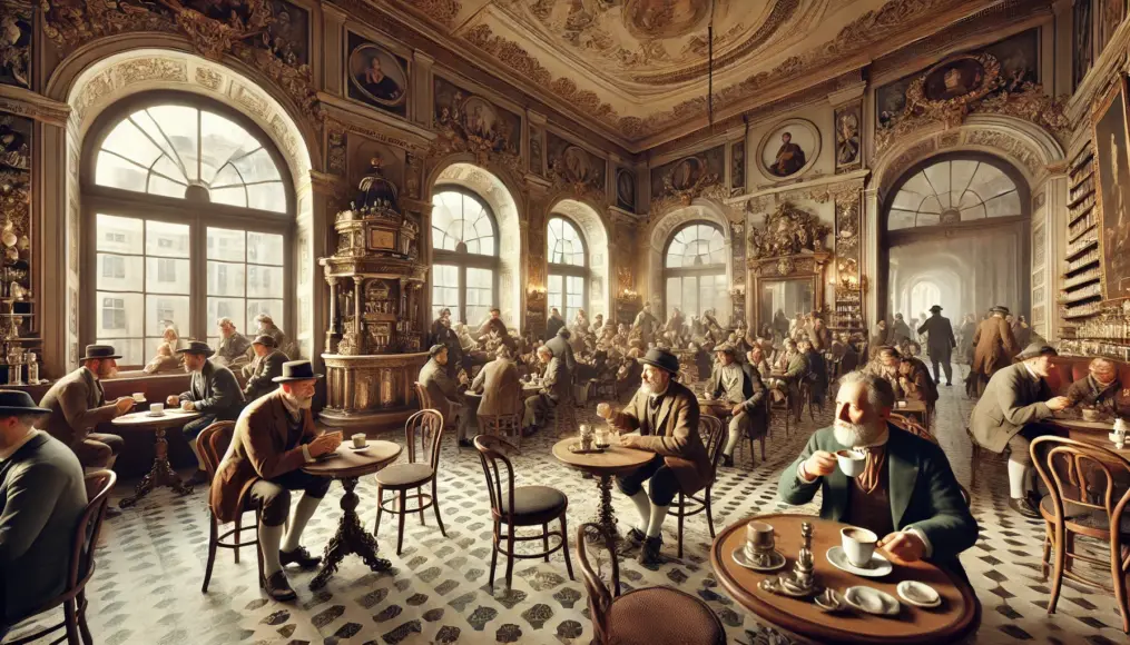 European coffee houses bustling with people