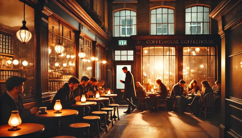 A warm-lit London coffeehouse at night, where patrons relax and enjoy their coffee.