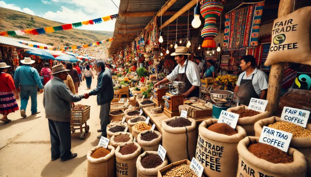 A market selling Fair Trade-certified coffee