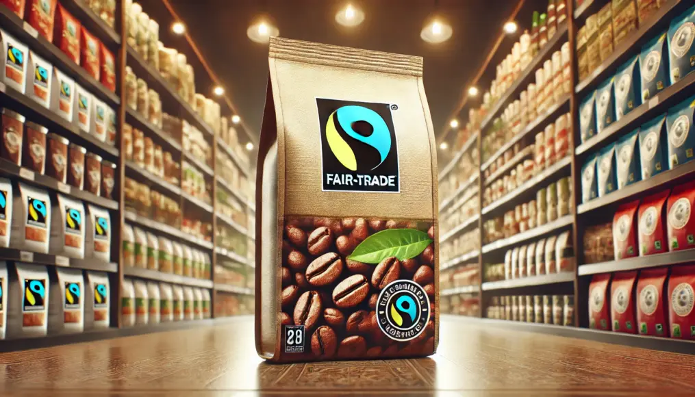 Coffee bean package with a fair-trade certification mark