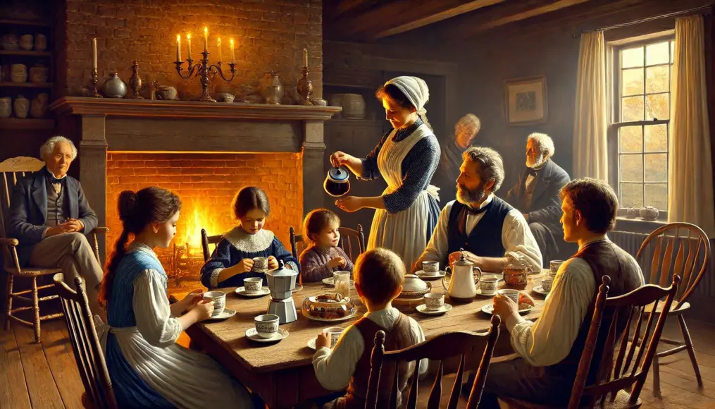 An early 19th-century American family enjoying coffee during breakfast