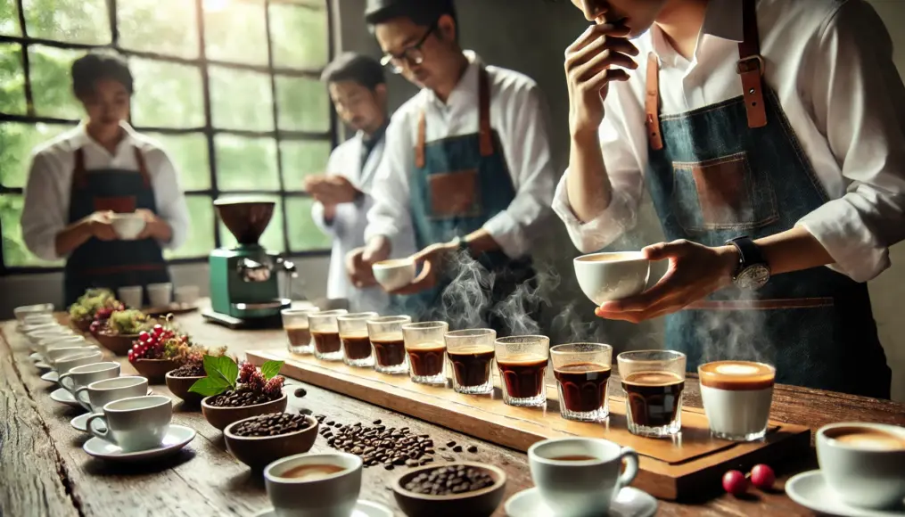 A cupping session with different blended coffees in cups, allowing for aroma and taste comparisons.