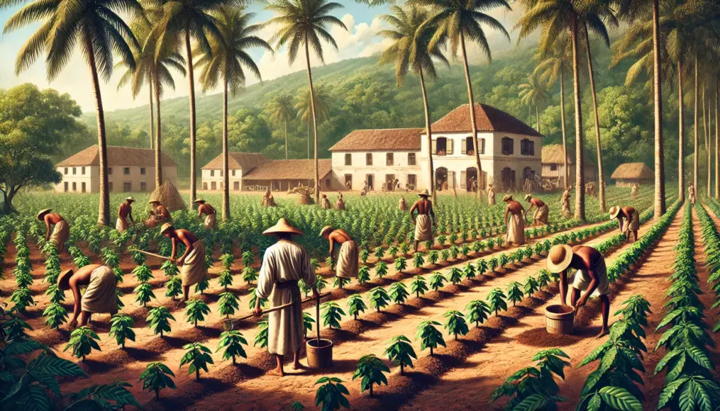 18th-century French Guiana, where farmers are planting coffee seedlings, with colonial-style European buildings in the background