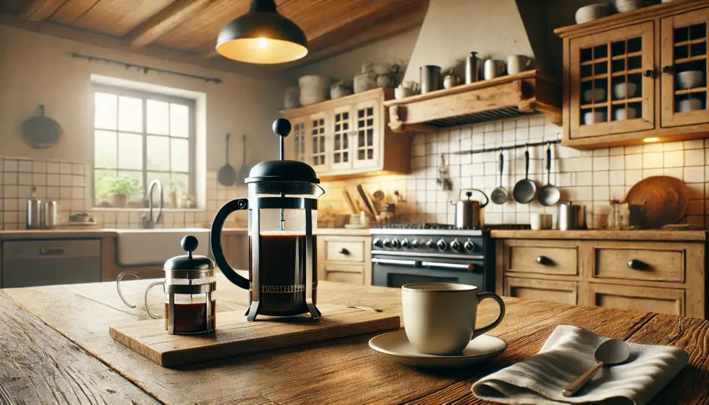 A cozy kitchen scene with a French press and coffee cups on a wooden table.