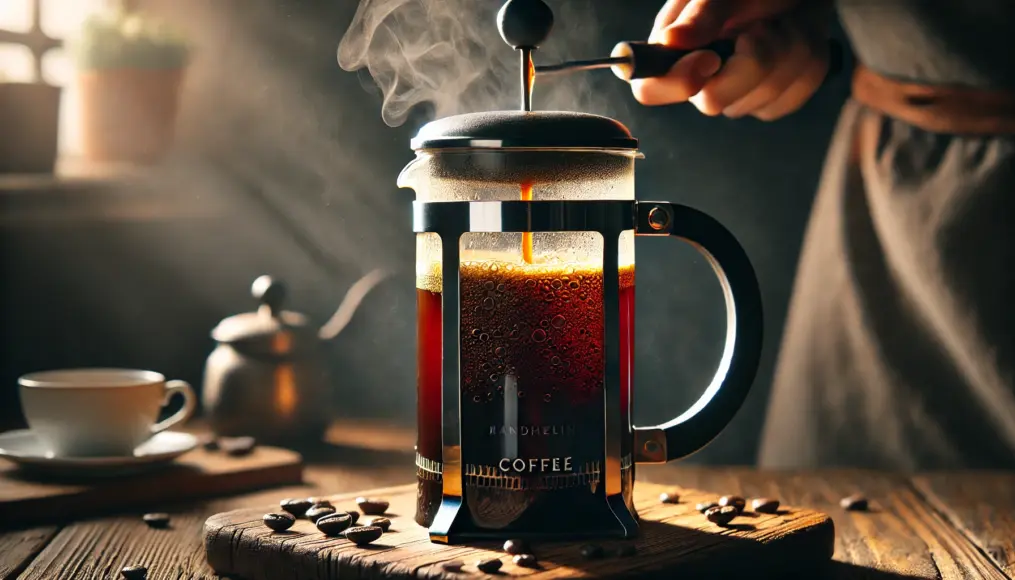 A French press brewing Mandheling coffee, with rich coffee oils floating on the surface, capturing its deep aroma.