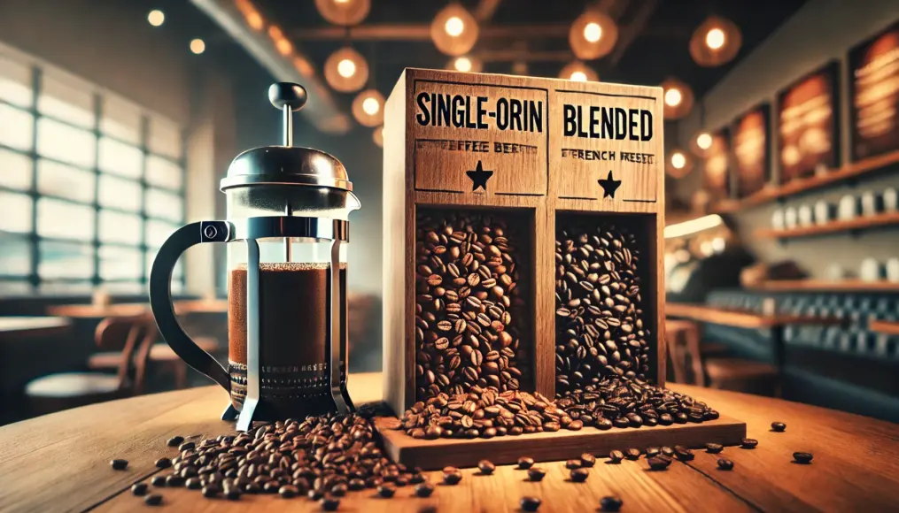 A wooden table displaying various coffee beans suitable for French press. Single-origin and blended coffee beans are separated and labeled, with a French press placed in the background.