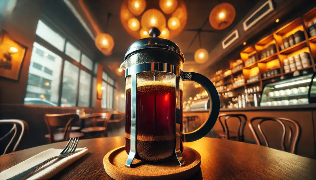 A French press brewing coffee. The coffee grounds are steeping, slowly sinking to the bottom, creating a deep-colored brew. Warm lighting in the background enhances the inviting atmosphere.