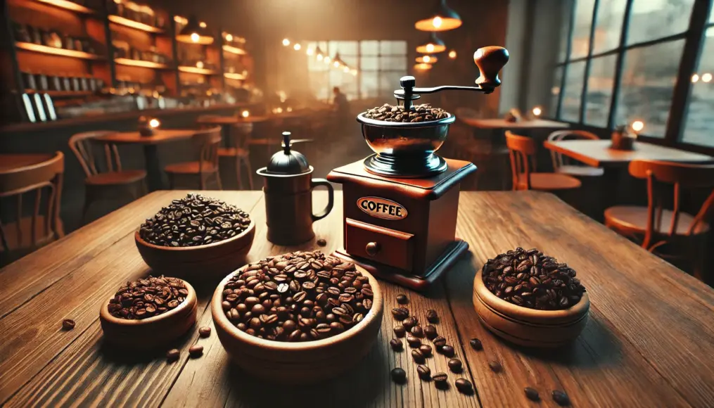 A wooden table displaying coffee beans suitable for French press brewing. Beans with different roast levels are placed in separate bowls, with a coffee grinder nearby. Warm lighting and a cozy café atmosphere create an inviting background.