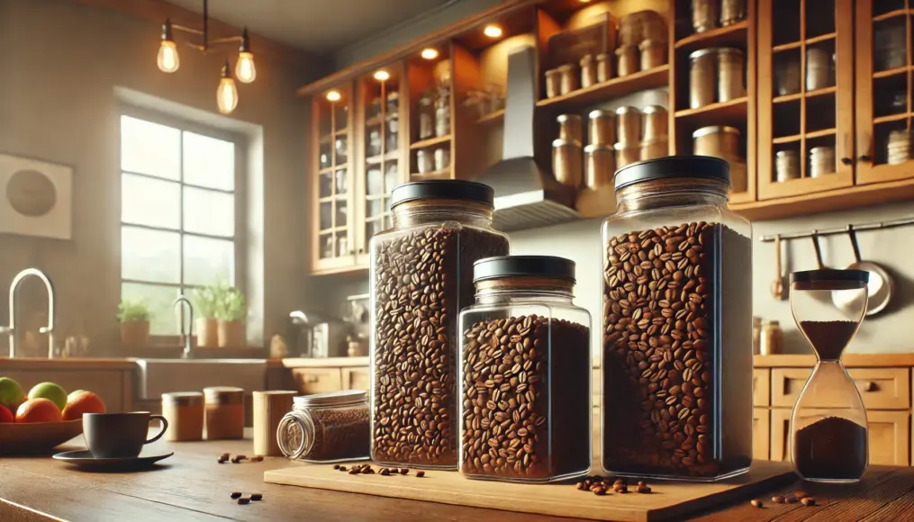 A kitchen scene showing fresh coffee beans stored properly. Glass containers with coffee beans arranged on a kitchen counter.