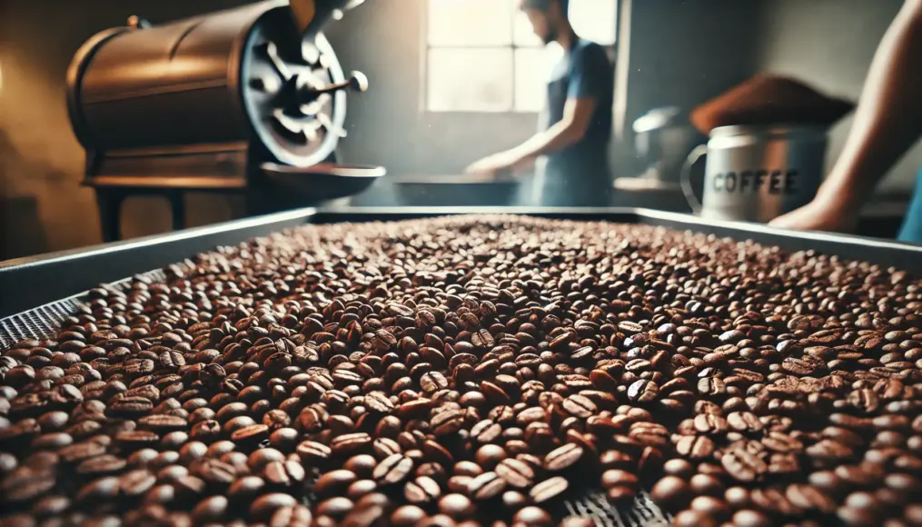 Freshly roasted coffee beans cooling after roasting