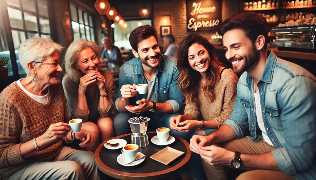 Friends and family sharing moments over espresso. A group smiles and talks while enjoying espresso around a small table.