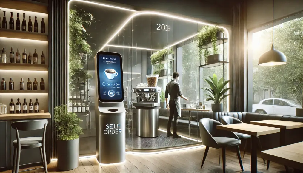 A futuristic café interior. A self-order touchscreen system is installed, and a barista operates a state-of-the-art espresso machine. The window seats are lined with indoor plants, creating a relaxing atmosphere.