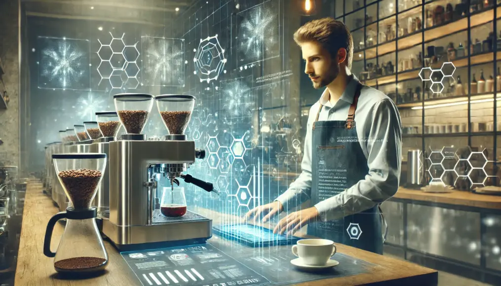 A barista conducting research in a coffee lab. Using advanced brewing equipment and data analysis tools, they explore new possibilities for coffee. The background showcases a futuristic café space.