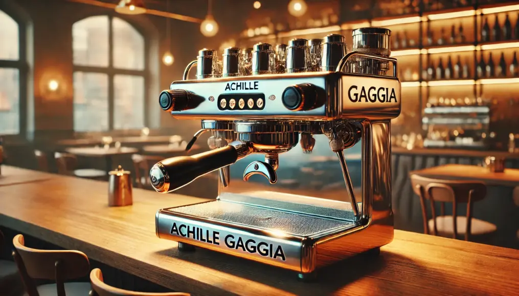 The high-pressure espresso machine by Achille Gaggia. A chrome-finished machine with a handle-operated design.