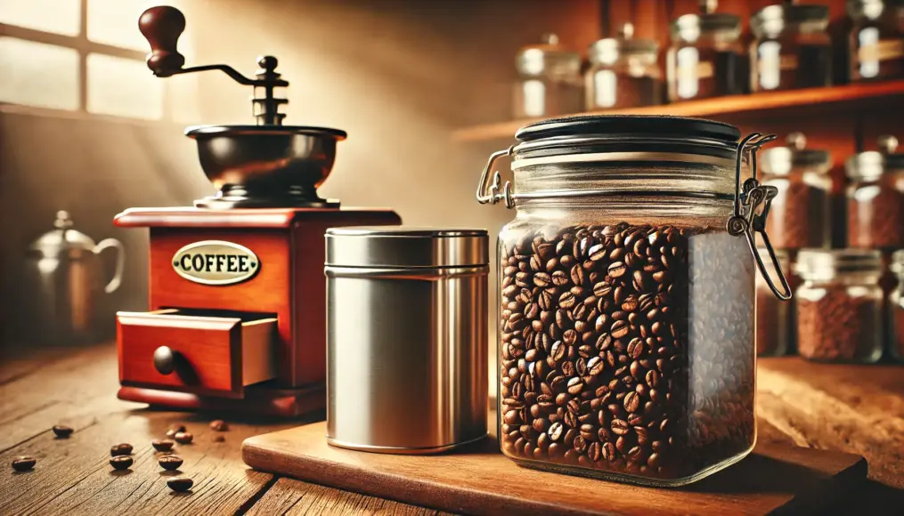 Glass jars and stainless steel containers for coffee storage