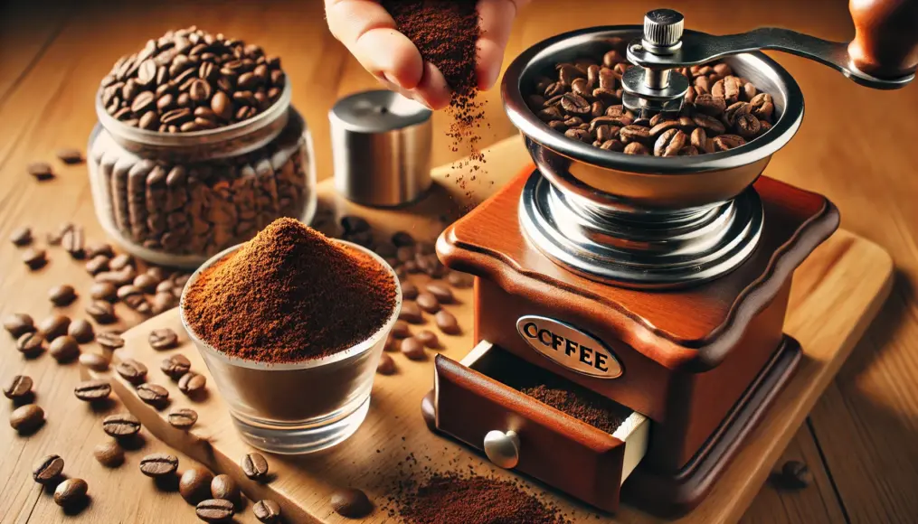 Grinding coffee beans for espresso. Fine and medium-fine grinds are compared side by side.