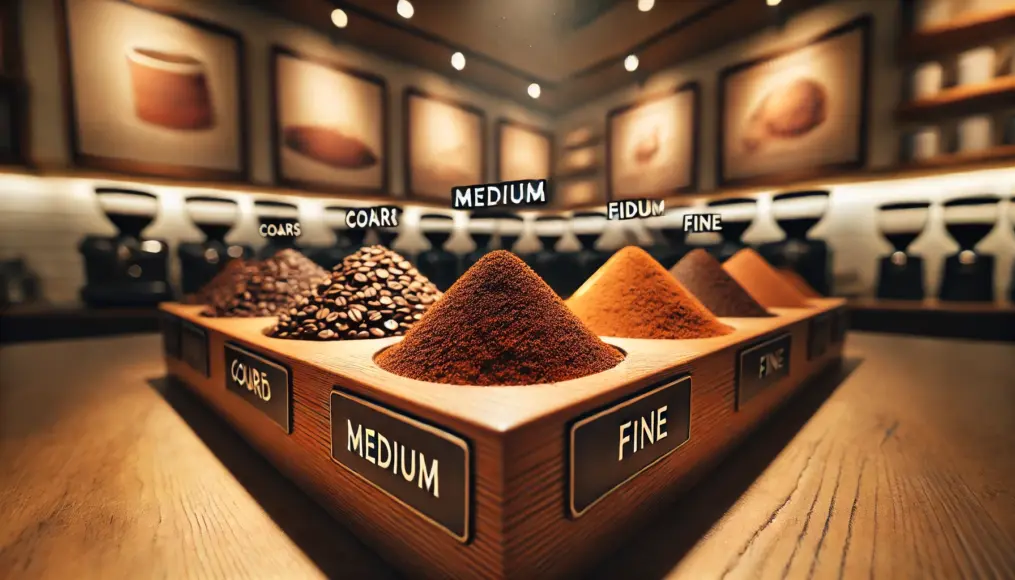 A wooden counter displaying different grind sizes of coffee beans—coarse, medium, and fine—clearly arranged for comparison. The warm lighting in the background creates a cozy café atmosphere.