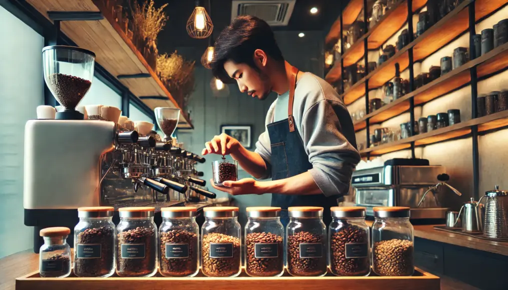 A barista blending Guatemalan coffee beans while evaluating the aroma