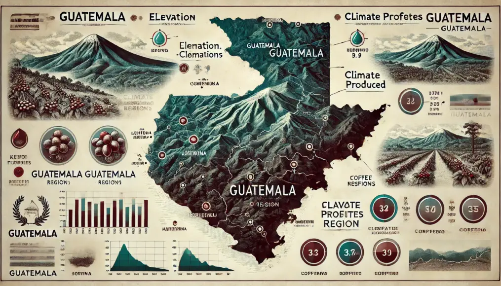 A detailed map of Guatemala's key coffee regions, showing altitude and climate conditions with a brief description of each region's unique flavors