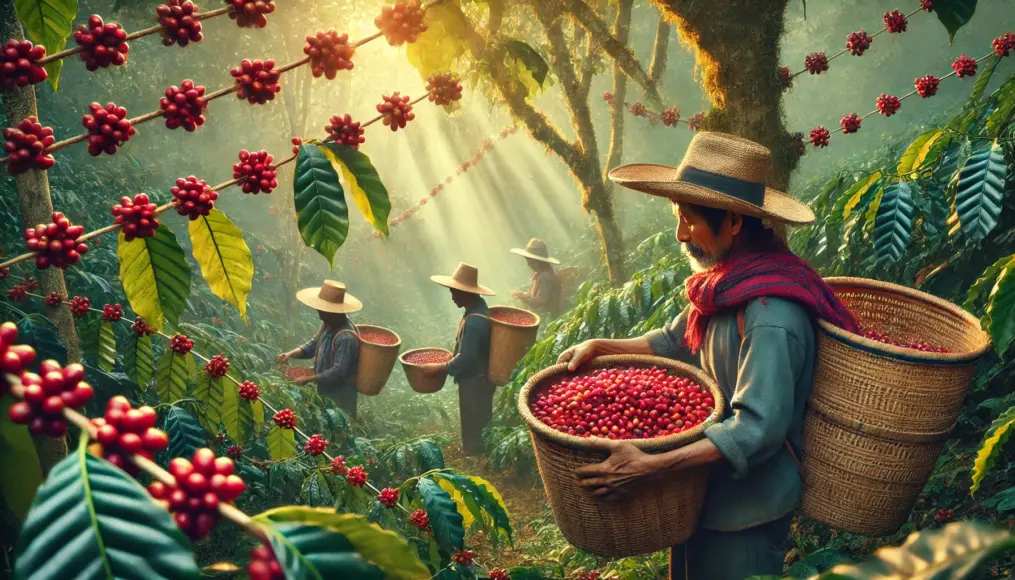 Guatemalan coffee farmers carefully hand-picking ripe coffee cherries and gathering them in large baskets