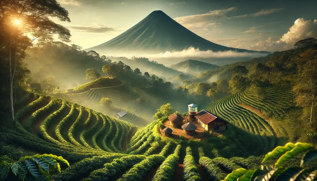 A traditional coffee farm in Guatemala’s mountainous region. Coffee trees are neatly planted along the green hills, with a towering volcano in the background