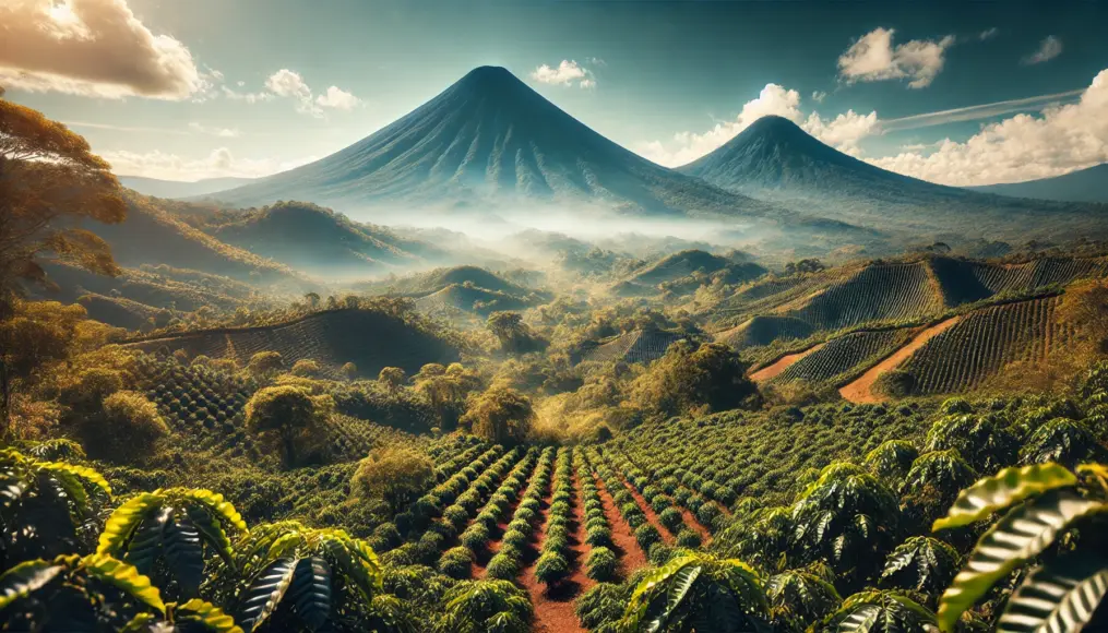 A Guatemalan coffee farm with towering volcanoes in the background. The fertile volcanic soil stretches across the landscape, with neatly arranged coffee trees