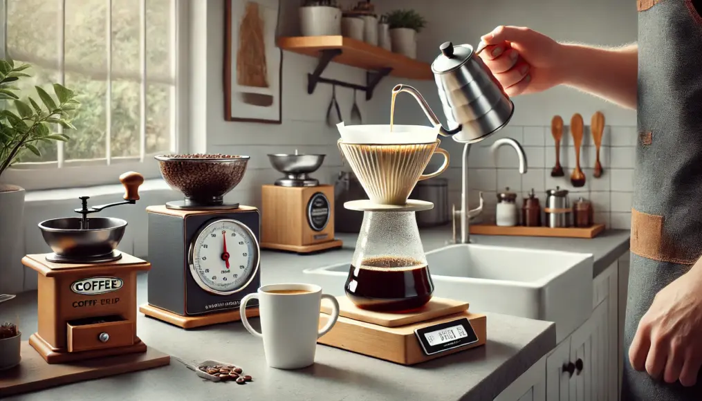 A kitchen counter with a hand drip setup, where specialty coffee is being carefully brewed. Brewing tools and a scale are neatly arranged, and coffee is being poured into a cup, realistically depicted.