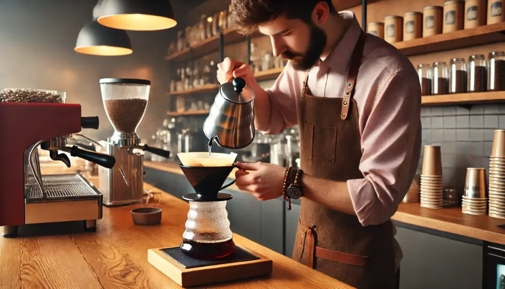 A barista brewing coffee using the pour-over method