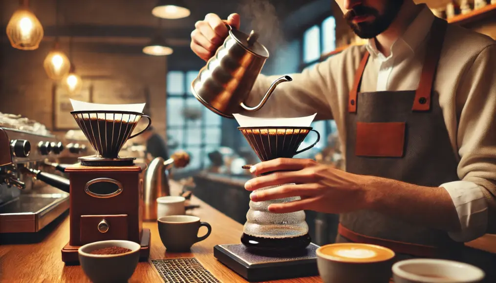 A barista carefully pouring hot water over coffee grounds using a pour-over method. The slow, precise brewing process unfolds on a neatly arranged countertop filled with coffee-making tools.