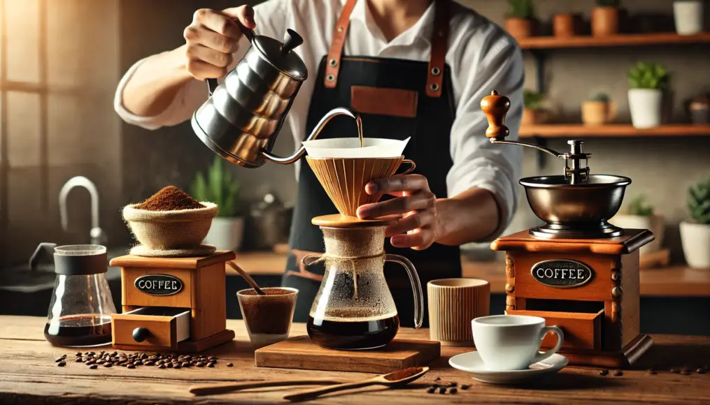 A barista carefully brewing hand-drip coffee. Various coffee brewing tools are arranged on a wooden counter, and hot water is being poured over coffee grounds