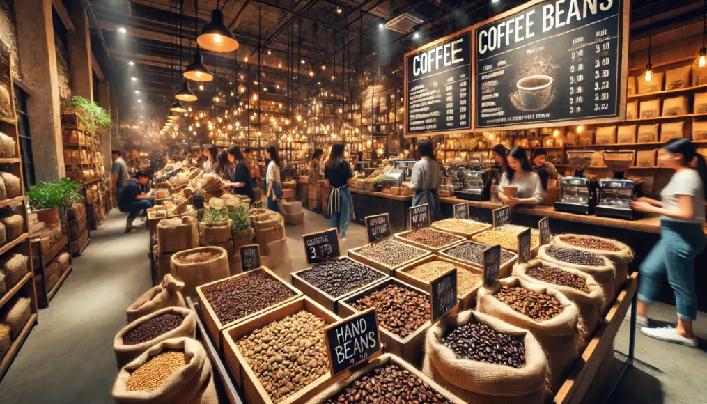 A market displaying coffee beans from various regions suitable for hand drip