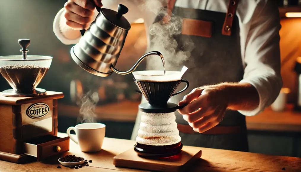 A barista pouring hot water with a gooseneck kettle over coffee grounds in a hand drip brewing setup. The water flows at a steady pace, ensuring even extraction.