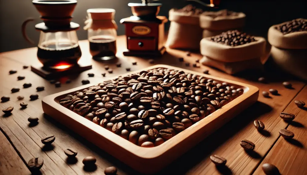 Freshly selected coffee beans for hand drip brewing are neatly arranged on a wooden tray. The beans are uniform in size, with no excessive oil on their surface.