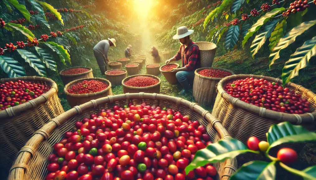 Farmers handpicking fully ripe coffee cherries carefully on a coffee farm. The cherries are collected in baskets, showing their vibrant red color, realistically depicted.