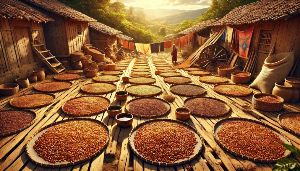 Sun-drying coffee beans harvested in Harar. Beans are spread out on traditional drying beds under the sunlight, realistically depicted.