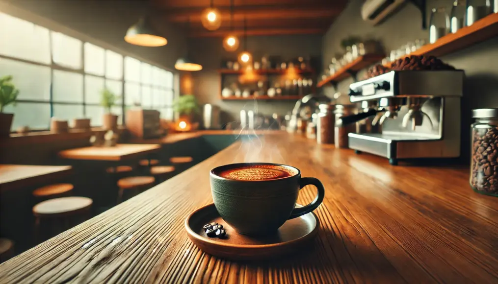 A café counter filled with the rich aroma of steaming Kona coffee, highlighting its unique fragrance