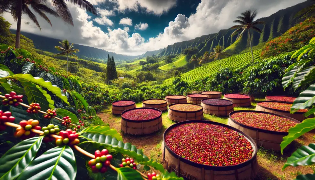 A scenic view of a Hawaiian coffee farm with freshly harvested coffee cherries spread across the drying area