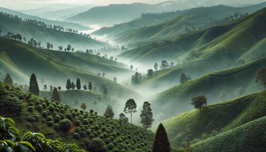 A highland coffee farm in Sumatra. Misty mountains surround the plantation, with coffee trees standing ready for harvest.