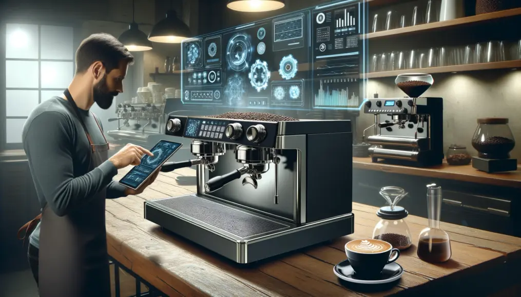 A state-of-the-art espresso machine and digitally controlled brewing equipment. A barista analyzes data on a tablet while optimizing the coffee extraction process.